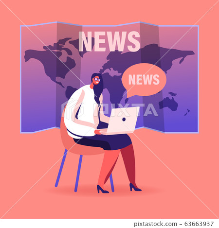 Fake News Concept. Female Character with Laptop Sit on World Map Background Reading Social Media Information Fake News Concept. Female Character with Laptop Sit on World Map Background Reading Social Media Information 63663937