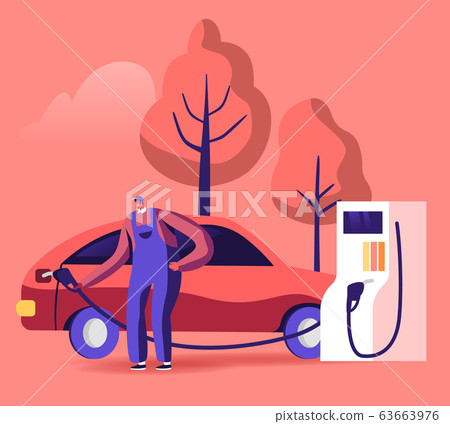Gas Station Worker Hold Filling Gun for Pouring Fuel Into Car. Employee in Workwear at Petroleum Station Refueling 63663976