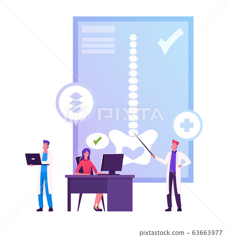 Woman Sitting at Desk in Correct Posture. Male Doctor Stand with Pointer at Infographics with Human Skeleton 63663977