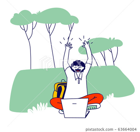 Young Man Student Nerd Character in Glasses Work on Laptop Sitting on Grass at College Yard Nature Background 63664004