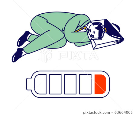 Tired and Exhausted Businessman Character Lying on Ground Sleeping with Bag under Head near Huge Battery with Low Energy Tired and Exhausted Businessman Character Lying on Ground Sleeping with Bag under Head near Huge Battery with Low Energy 63664005