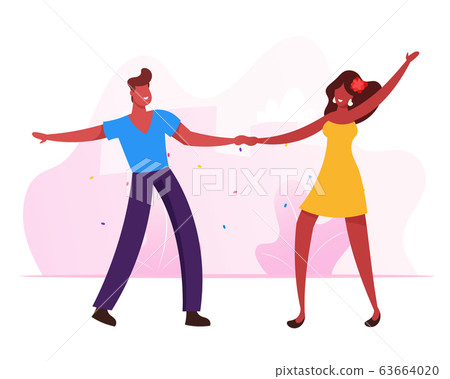 Couple of Young Girl and Man Visiting Brazil Dancing Studio. Dance Partners Moving Body with Hands Up. Friends Fun 63664020