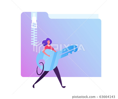 Woman Carry Key in Hands on White Background with Zipped Folder. Electronic Document Management, Digital Data Woman Carry Key in Hands on White Background with Zipped Folder. Electronic Document Management, Digital Data 63664143
