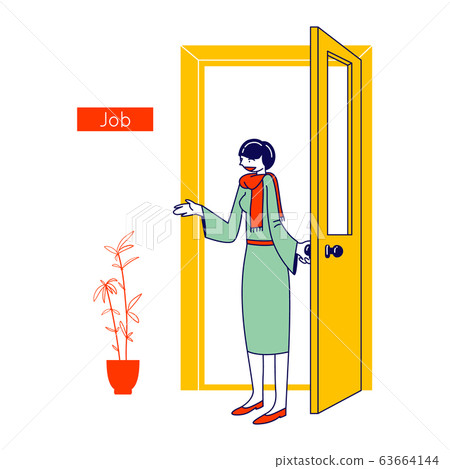 Job Seeking Concept. Businesswoman Company Hiring Manager Welcoming New Employee to Enter in Office Job Seeking Concept. Businesswoman Company Hiring Manager Welcoming New Employee to Enter in Office 63664144