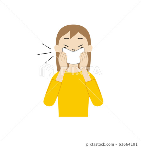 咳嗽和打噴嚏時用手帕捂著嘴和鼻子的女孩（咳嗽禮節）的插圖出來 63664191