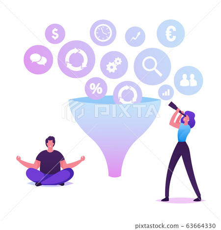 Businesswoman Looking through Spyglass on Huge Funnel with Various Business Icons Falling Down Businesswoman Looking through Spyglass on Huge Funnel with Various Business Icons Falling Down 63664330