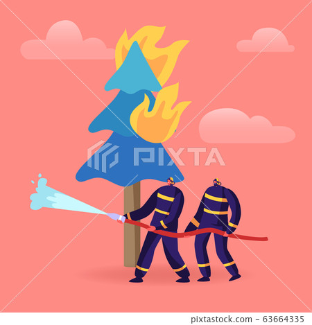 Couple of Firemen Fighting with Blaze at Burning Fir Tree in Forest. Team in Firefighters Uniform and Hats Extinguish 63664335