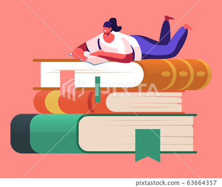 Tiny Female Character Enthusiastically Reading Lying on Huge Book Pile. Young Woman Student or Bookworm 63664357