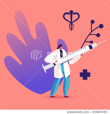 Tiny Doctor Character Carry Huge Syringe with Antibiotic or Medicine for Illness Healing, Vein Thrombosis Treatment 63664385