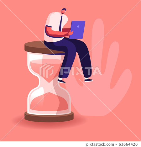 Procrastination in Business Process Concept. Businessman Sitting on Hourglass with Laptop in Hands. Time Management 63664420