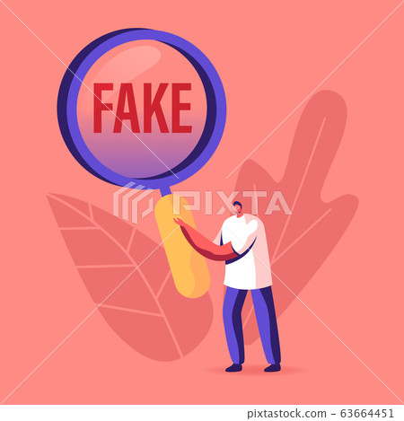 Social Media Forgery Information Concept. Male Character with Huge Magnifying Glass Looking on Fake News 63664451