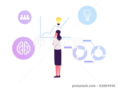 Thoughtful Business Woman with Glowing Light Bulb over Head Stand at Growing Arrow Chart Analysing Statistics Thoughtful Business Woman with Glowing Light Bulb over Head Stand at Growing Arrow Chart Analysing Statistics 63664456