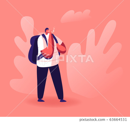 Young Hipster Male Character Wearing Casual Dressing with Rucksack on Back Smoking Cigarette Outdoors in Public Place Young Hipster Male Character Wearing Casual Dressing with Rucksack on Back Smoking Cigarette Outdoors in Public Place 63664531