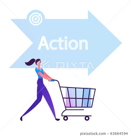 Happy Woman Buyer Pushing Shopping Cart front of Arrow Sign with Action Typography One of Step AIDA Model 63664594