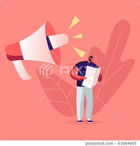 Fake News, Information and Disinformation. Male Character Reading Newspaper near Huge Megaphone Speak 63664605