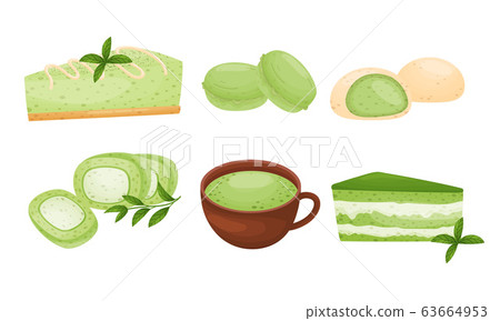 Green Mochi Cakes and Sweet Pastry with Tea Poured in Cup Vector Set 63664953