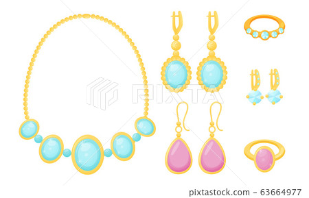Necklace and Earrings with Gemstones Vector Set. Accessories for Women Necklace and Earrings with Gemstones Vector Set. Accessories for Women 63664977
