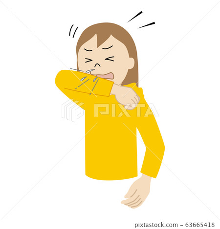 Illustration of a girl (cough etiquette) covering her mouth and nose with sleeves when coughing and sneezing came out 63665418