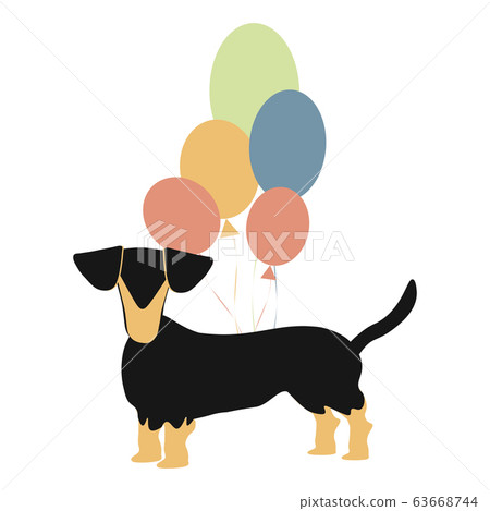 Cute dachshund with balloons. Greeting card with 63668744
