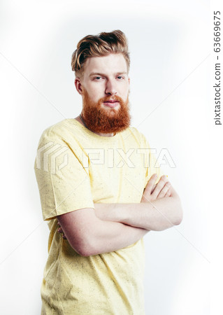 portrait of young bearded hipster guy smiling on white background closeup isolated, lifestyle people concept 63669675