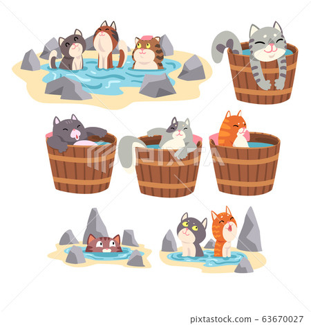 Funny Cats Taking Japanese Hot Spring Bath Set, Cute Pet Animals Enjoying Spa Procedures Vector illustration Funny Cats Taking Japanese Hot Spring Bath Set, Cute Pet Animals Enjoying Spa Procedures Vector illustration 63670027