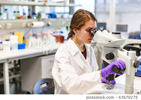 Scientists woman looking through microscope in lab Scientists woman looking through microscope in lab 63670278