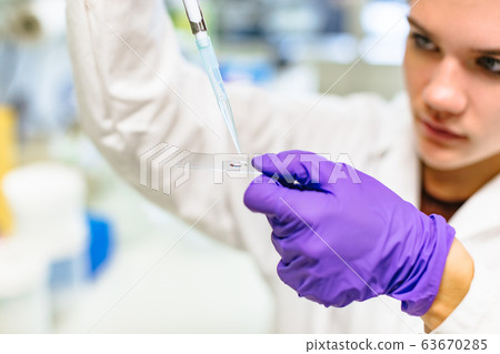 hand of girl drips from pipette onto glass slide 63670285