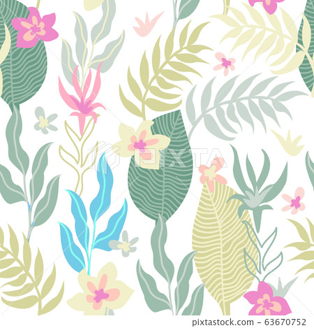Seamless pattern with palm leaves and  flowers. 63670752