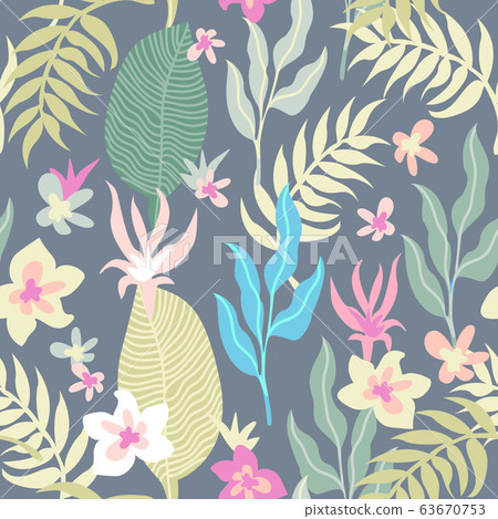 Seamless pattern with palm leaves and flowers.  63670753