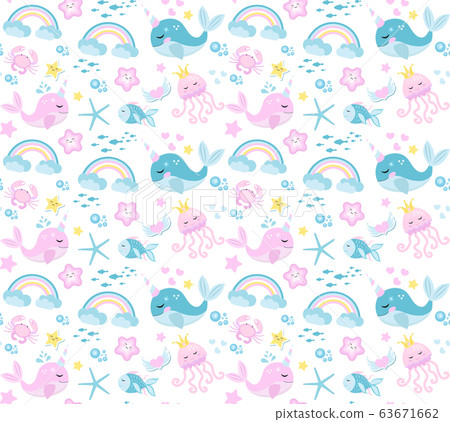 Little whale unicorn, seamless pattern, modern cartoon style. Vector illustration. Little whale unicorn, seamless pattern, modern cartoon style. Vector illustration. 63671662