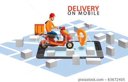 Delivery by scooter moped on mobile tracking online, map isometric. Online food order service. Landing page, template, ui, web, mobile app, poster, banner, flyer. Vector isolated Delivery by scooter moped on mobile tracking online, map isometric. Online food order service. Landing page, template, ui, web, mobile app, poster, banner, flyer. Vector isolated 63672405