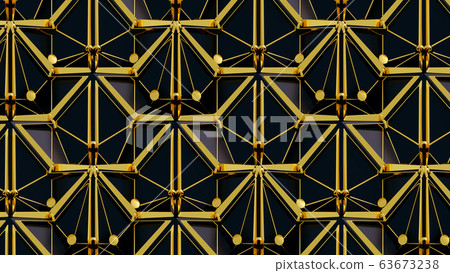 Abstract 3D background with fantasy luxury pattern structure of black triangular polygons, golden pucks, wires and lines Abstract 3D background with fantasy luxury pattern structure of black triangular polygons, golden pucks, wires and lines 63673238