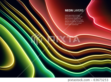 Neon glass layers stacked with reflections for 80s or 90s styled abstract background in synthwave, retrowave or cyberpunk shiny neon style 63673253