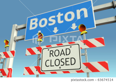 Road barricades near Boston city road sign. Coronavirus disease quarantine or lockdown in the United States conceptual 3D rendering Road barricades near Boston city road sign. Coronavirus disease quarantine or lockdown in the United States conceptual 3D rendering 63674514