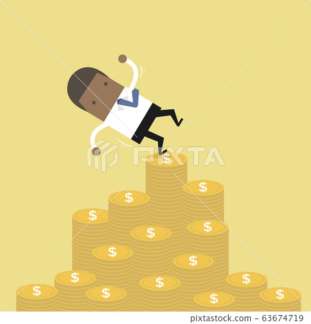 African businessman falling of money mountain. African businessman falling of money mountain. 63674719
