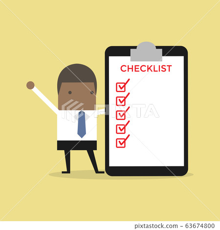 African businessman completing a checklist ticking al the boxes. African businessman completing a checklist ticking al the boxes. 63674800