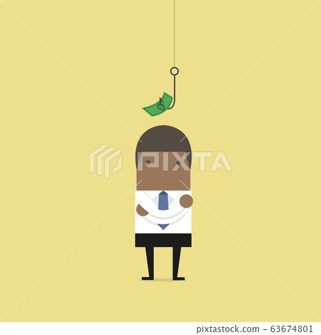 African businessman standing in front of a hook with a dollar sign as bait. African businessman standing in front of a hook with a dollar sign as bait. 63674801