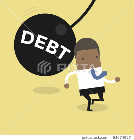 African businessman running away from huge pendulum with message 'debt', financial crisis in tax burden concept. African businessman running away from huge pendulum with message 'debt', financial crisis in tax burden concept. 63674937