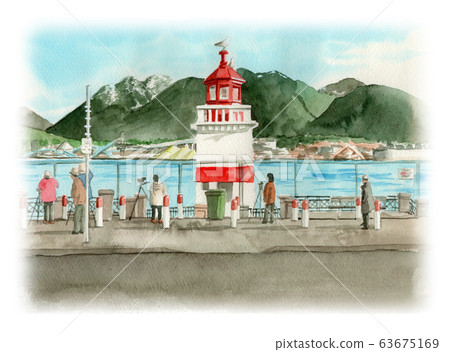 燈塔和觀鳥的人畫水彩 燈塔和觀鳥的人畫水彩 63675169