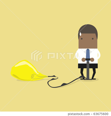 African businessman pumps up a balloon of a light bulb. African businessman pumps up a balloon of a light bulb. 63675600