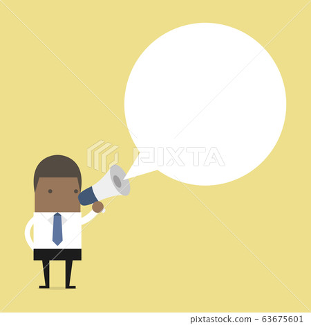 African businessman holding megaphone with speech bubble for text. African businessman holding megaphone with speech bubble for text. 63675601