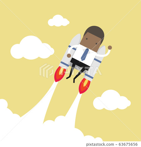 African businessman flying with jetpack. African businessman flying with jetpack. 63675656