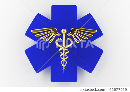 Caduceus medical symbol isolated on a white background. Caduceus sign with snakes on a medical star. 3d render 63677939