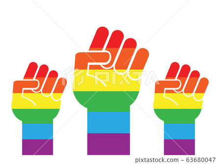 Vector flat cartoon lgbt rainbow flag three fist - Stock Illustration ...