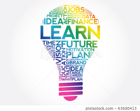 LEARN bulb word cloud collage 63680413