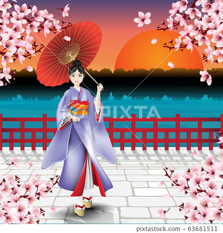 Japanese girl and natural scenic view of sunset and cherry blossom flowers Japanese girl and natural scenic view of sunset and cherry blossom flowers 63681511