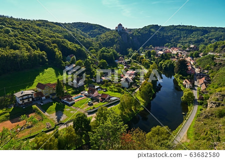 View of beautiful castle Vranov nad Dyji, Moravian region in Czech republic. 63682580