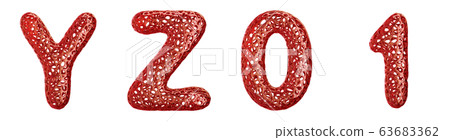 Realistic 3D letters set Y, Z, 0, 1 made of red plastic. 63683362