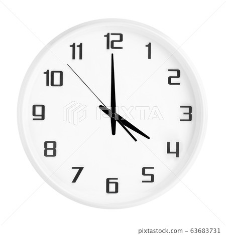 White round office clock showing four o'clock isolated on white background. 63683731