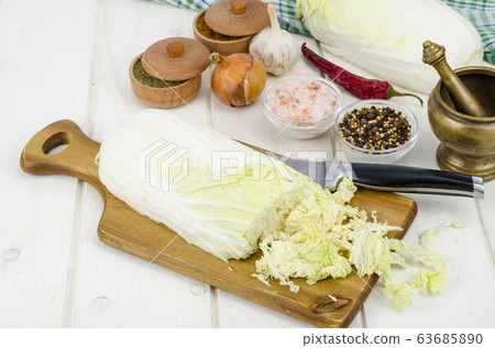 Sliced peking cabbage, spices for cooking Sliced peking cabbage, spices for cooking 63685890